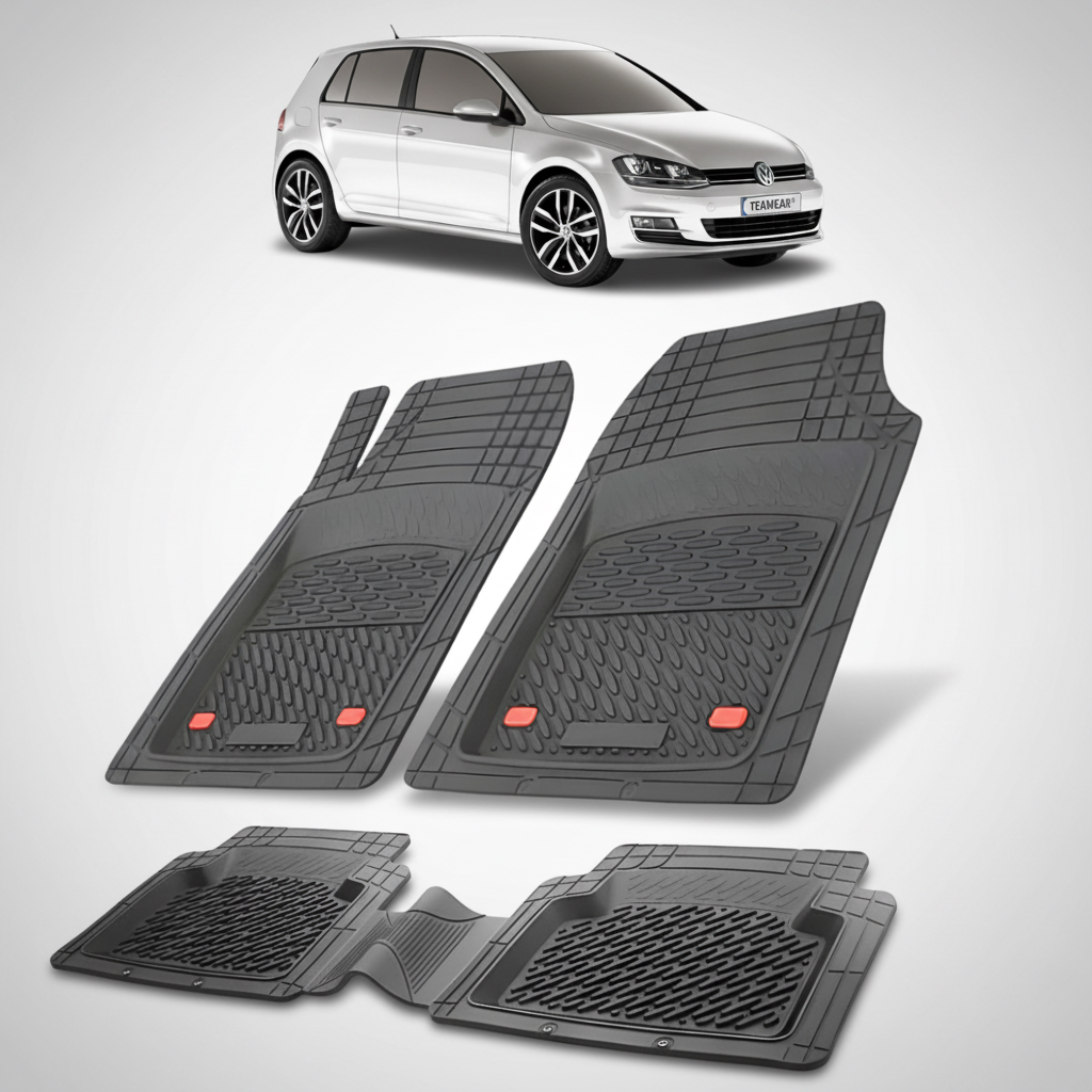 set de covorase din cauciuc negre cu un volkswagen golf mk7 argintiu in fundal