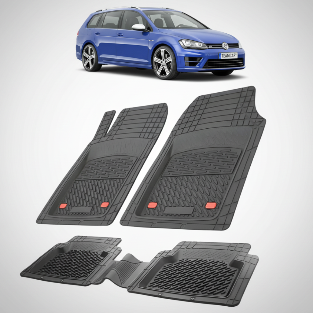 set de covorase din cauciuc negre cu un volkswagen golf 7 variant albastru in fundal