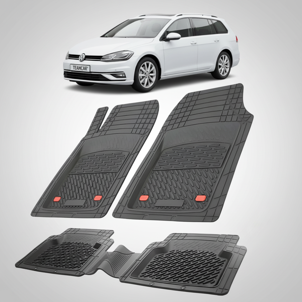 set de covorase din cauciuc negre cu un volkswagen golf 7 variant alb in fundal