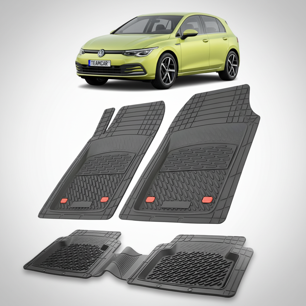 set de covorase din cauciuc negre cu un volkswagen golf 8 hatchback verde lime in fundal