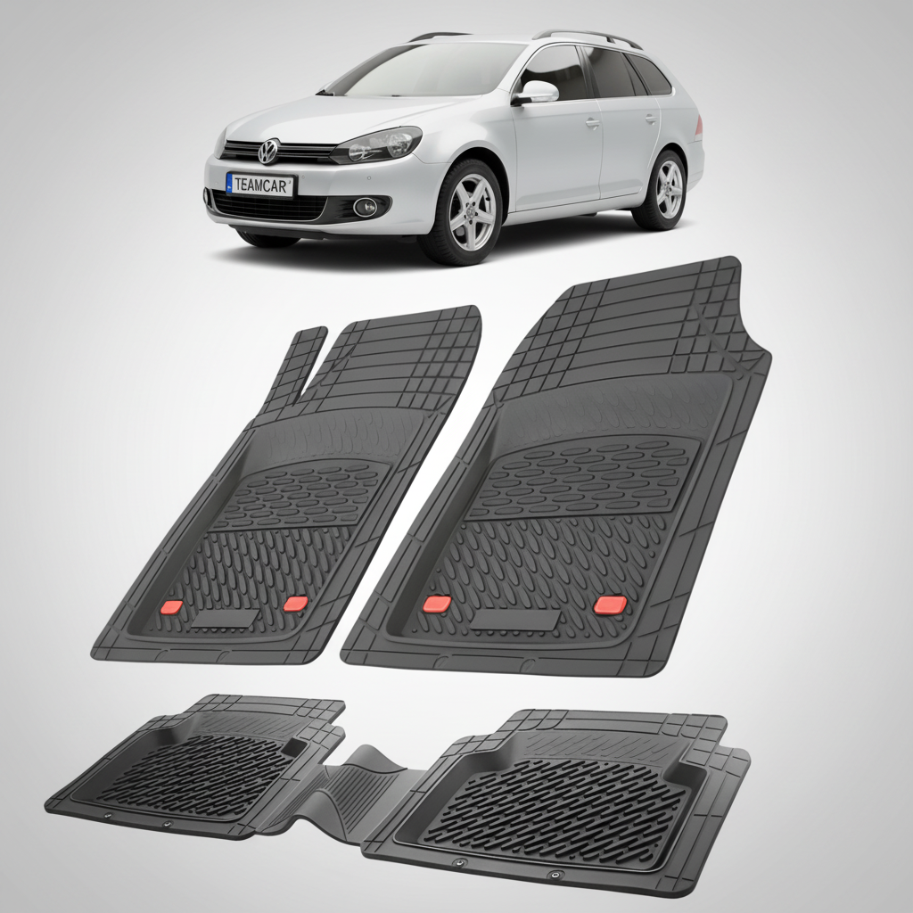 set de covorase din cauciuc negre cu un volkswagen golf mk6 variant break argintiu in fundal