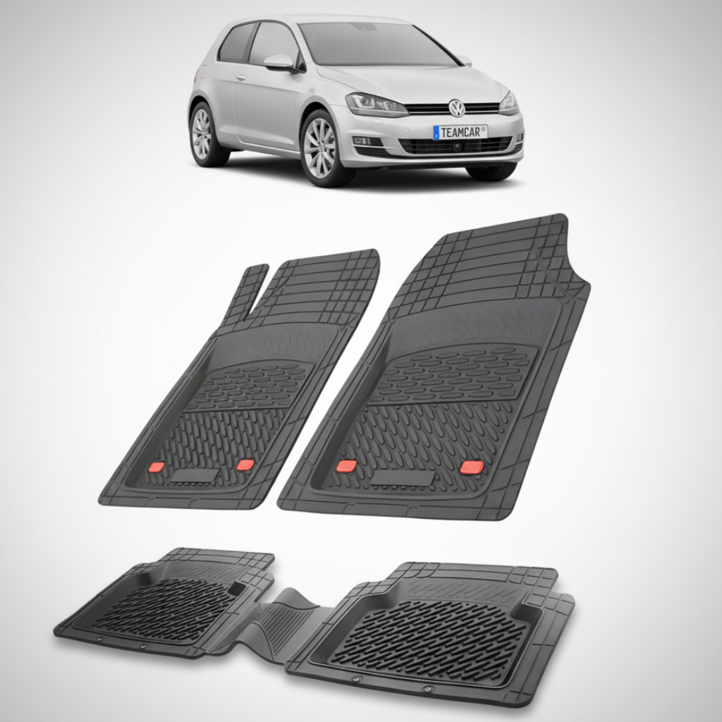 set de covorase din cauciuc negre cu un volkswagen golf mk7 hatchback 3 usi gri in fundal