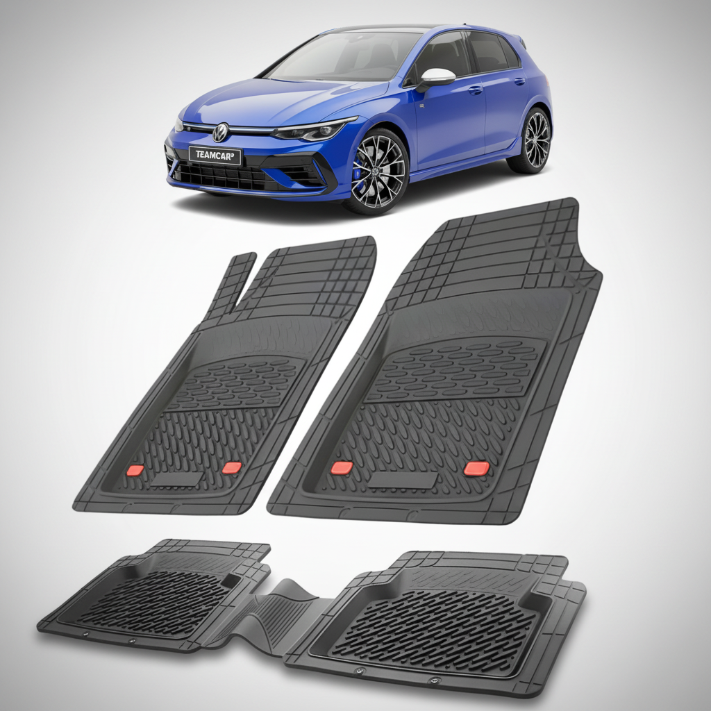 set de covorase din cauciuc negre cu un volkswagen golf mk8 hatchback 5 usi albastru in fundal