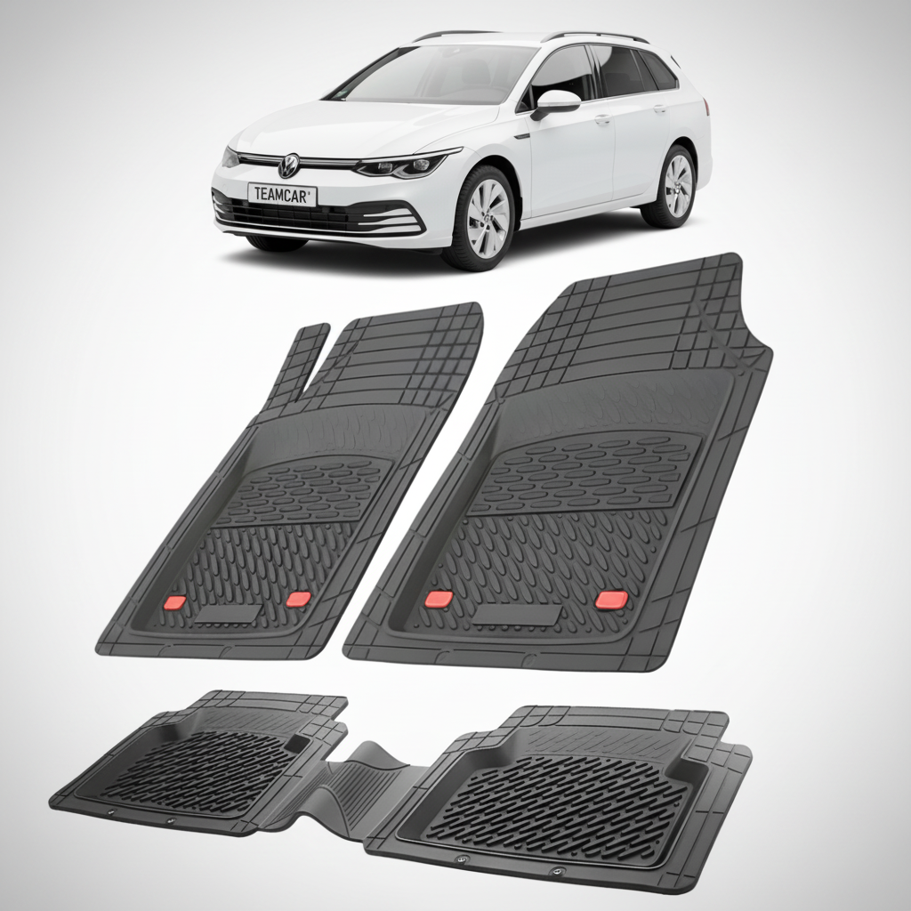 set de covorase din cauciuc negre cu un volkswagen golf mk8 variant combi alb in fundal