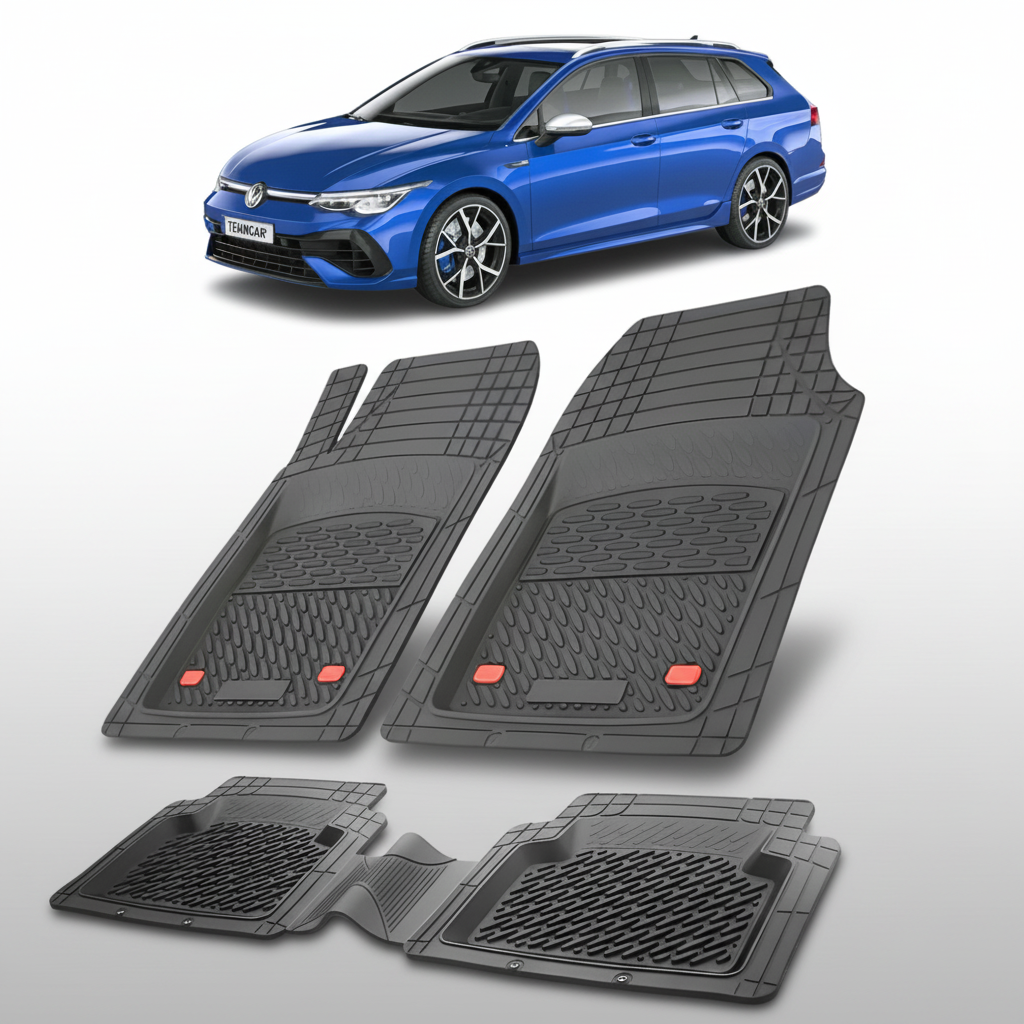 set de covorase din cauciuc negre cu un volkswagen golf mk8 variant albastru in fundal