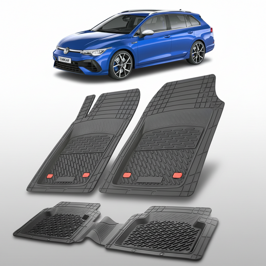 set de covorase din cauciuc negre cu un volkswagen golf mk8 variant albastru in fundal