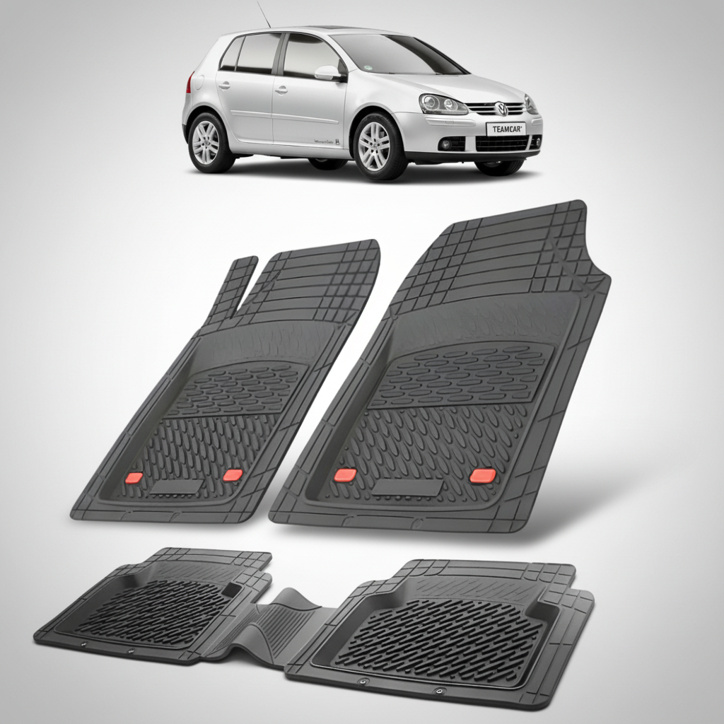 set de covorase din cauciuc negre cu un volkswagen golf v hatchback gri in fundal
