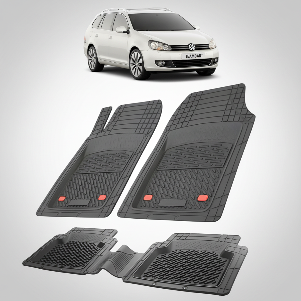 set de covorase din cauciuc negre cu un volkswagen golf 6 variant argintiu in fundal