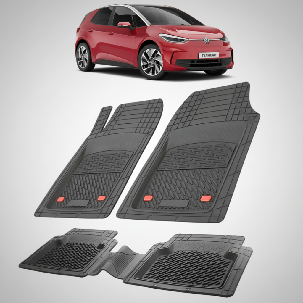 set de covorase din cauciuc negre cu un volkswagen id.3 e11 electric hatchback rosu in fundal