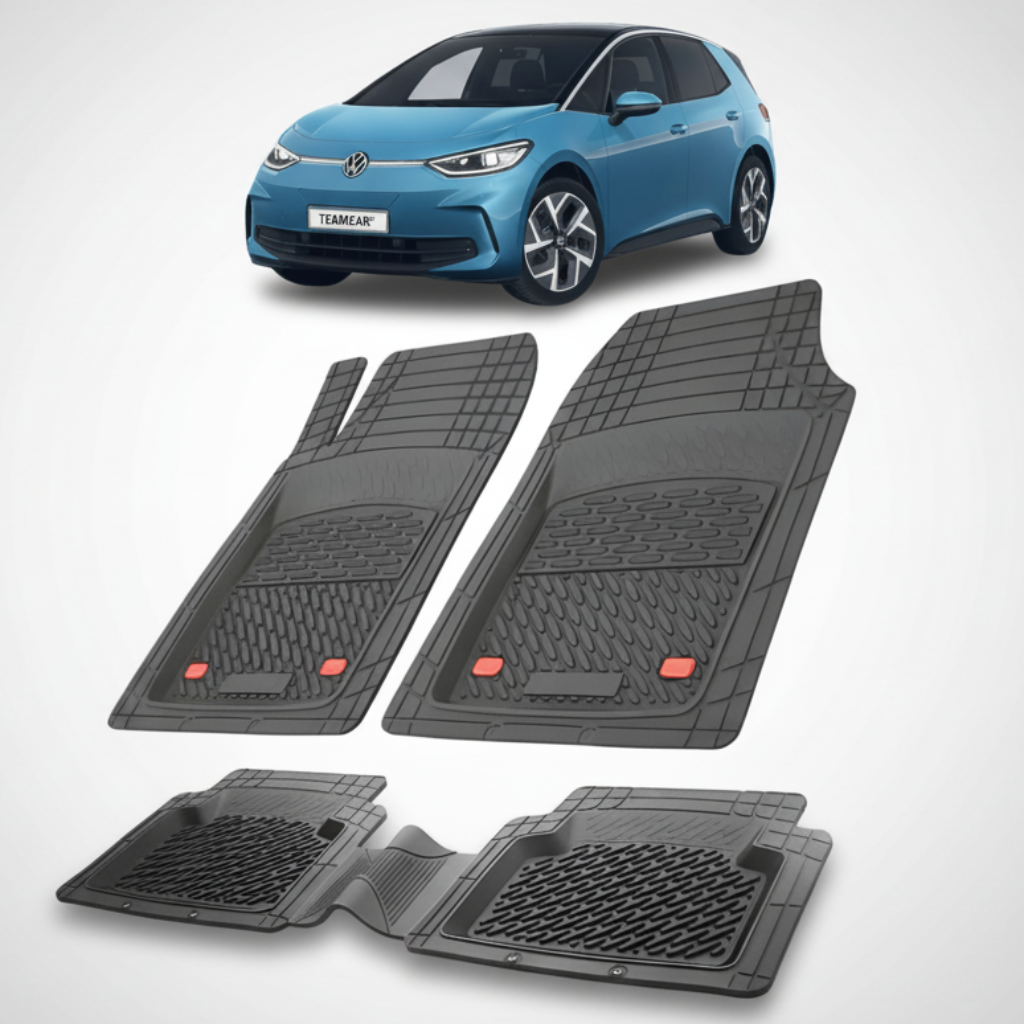 set de covorase din cauciuc negre cu un volkswagen id.3 albastru in fundal