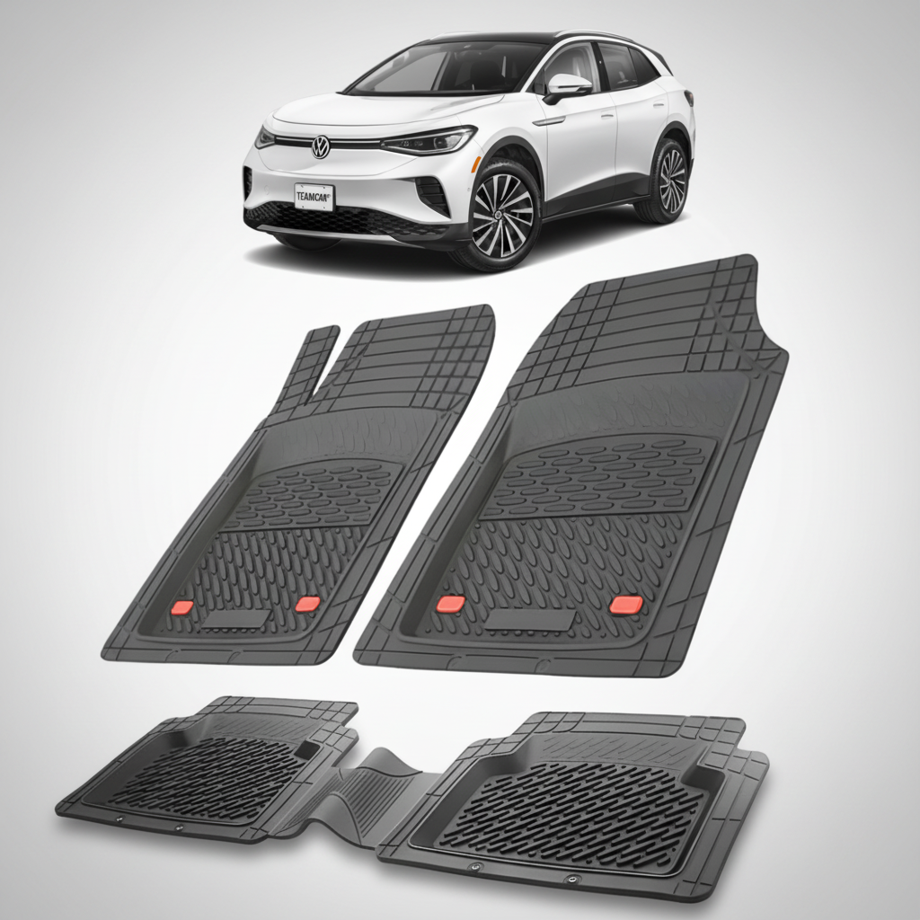 set de covorase din cauciuc negre cu un volkswagen id.4 e21 electric suv alb in fundal