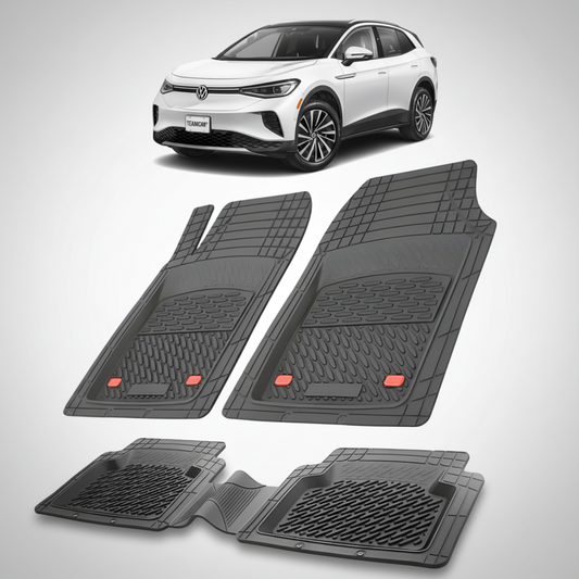 set de covorase din cauciuc negre cu un volkswagen id.4 e21 electric suv alb in fundal