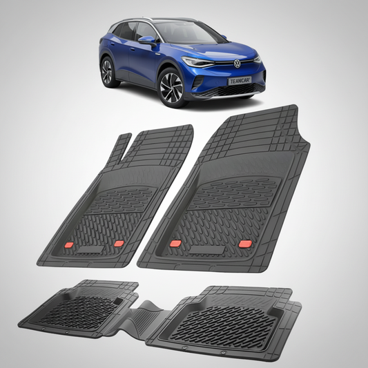 set de covorase din cauciuc negre cu un volkswagen id.4 albastru in fundal