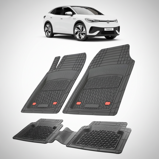 set de covorase din cauciuc negre cu un volkswagen id.5 e25 alb in fundal