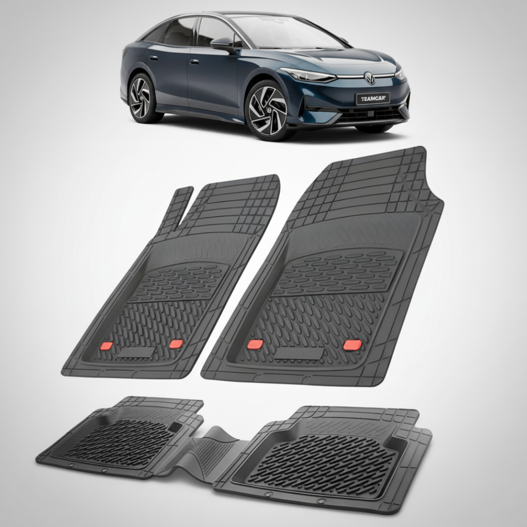 set de covorase din cauciuc negre cu un volkswagen id.7 e35 electric sedan combi albastru inchis in fundal