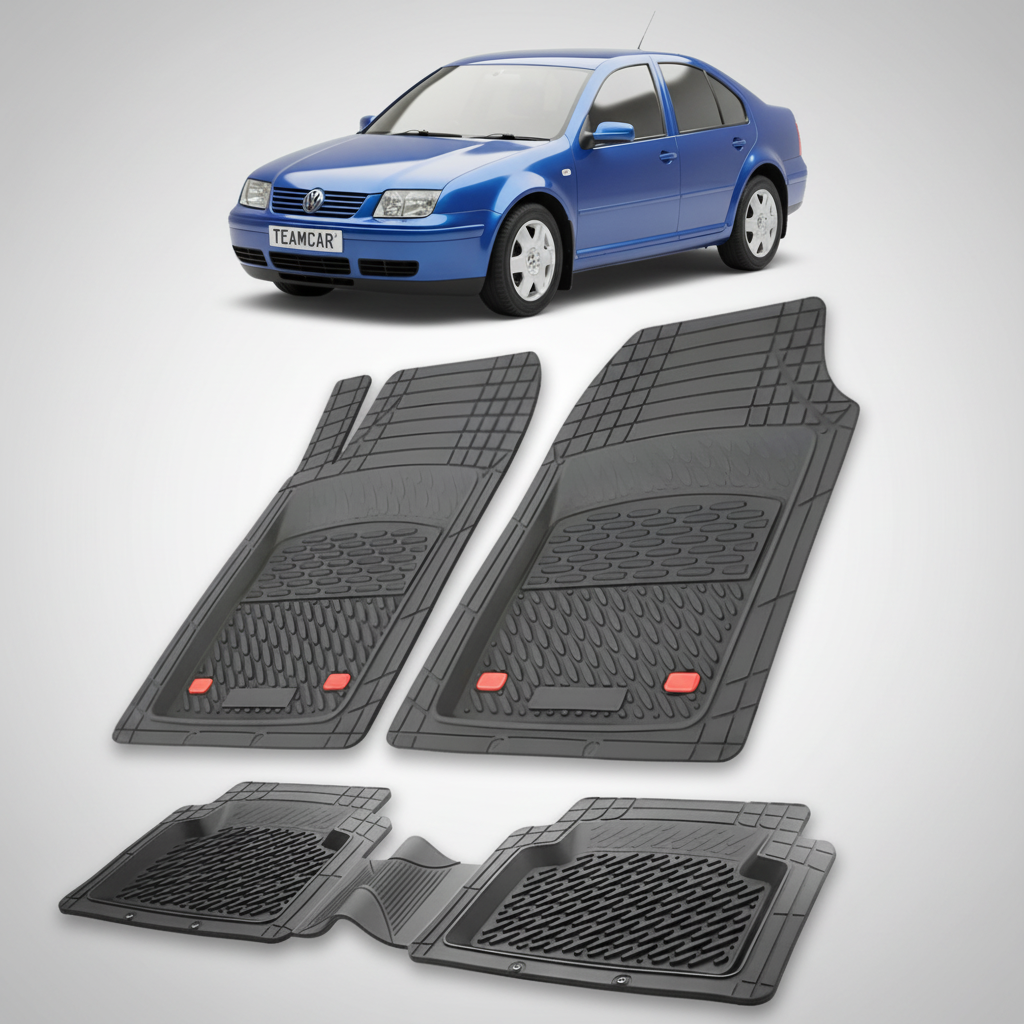 set de covorase din cauciuc negre cu un volkswagen jetta 4 sedan albastru in fundal