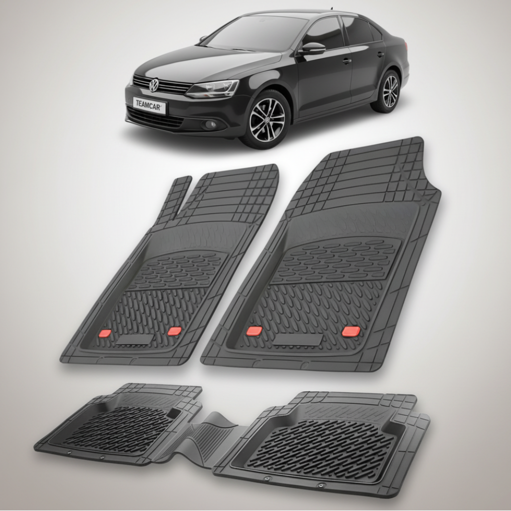 set de covorase din cauciuc negre cu un volkswagen jetta 6 sedan negru in fundal