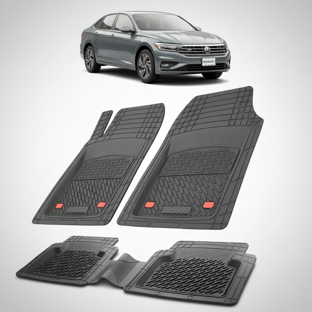 set de covorase din cauciuc negre cu un volkswagen jetta 7 sedan gri inchis in fundal
