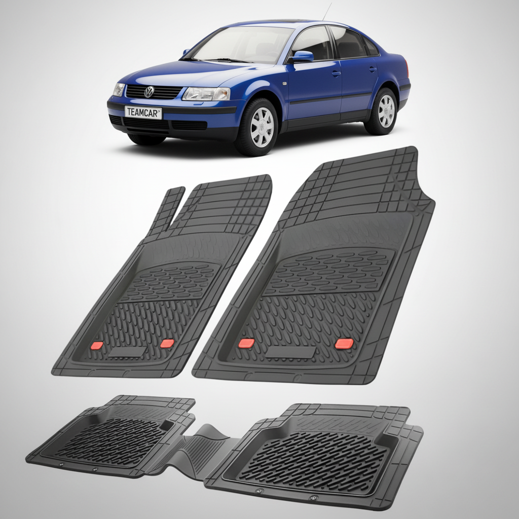 set de covorase din cauciuc negre cu un volkswagen passat b5 sedan albastru in fundal