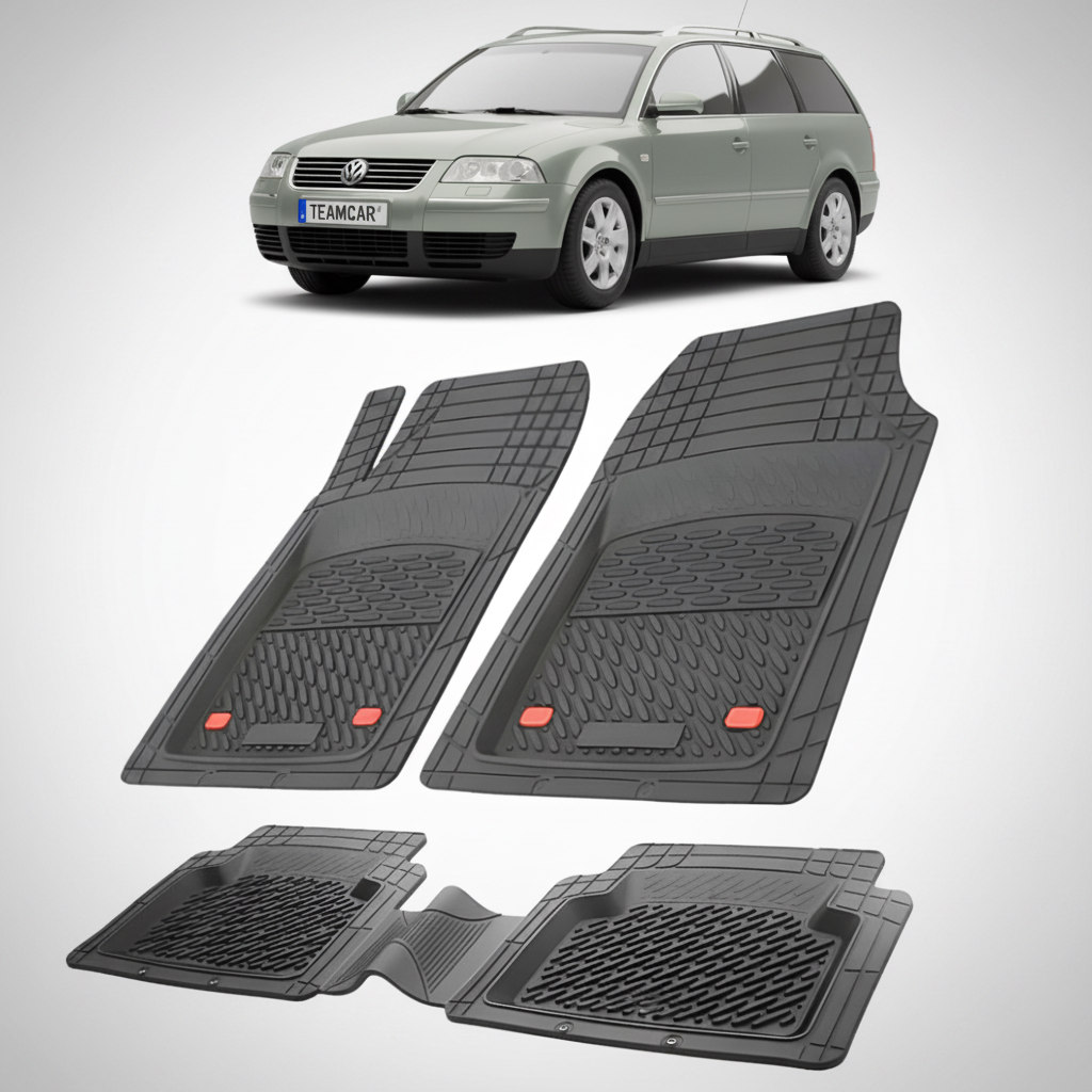 set de covorase din cauciuc negre cu un volkswagen passat b5 variant gri verzui in fundal