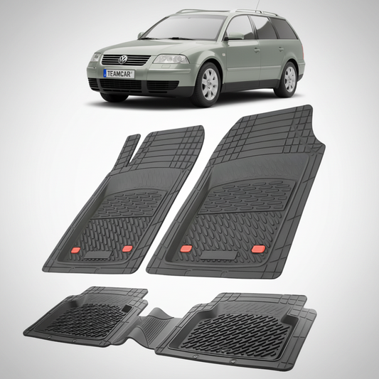 set de covorase din cauciuc negre cu un volkswagen passat b5 variant gri verzui in fundal