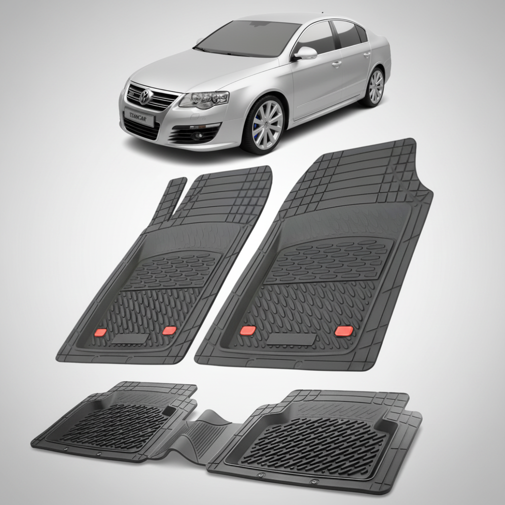 set de covorase din cauciuc negre cu un Volkswagen passat b6 sedan gri in fundal