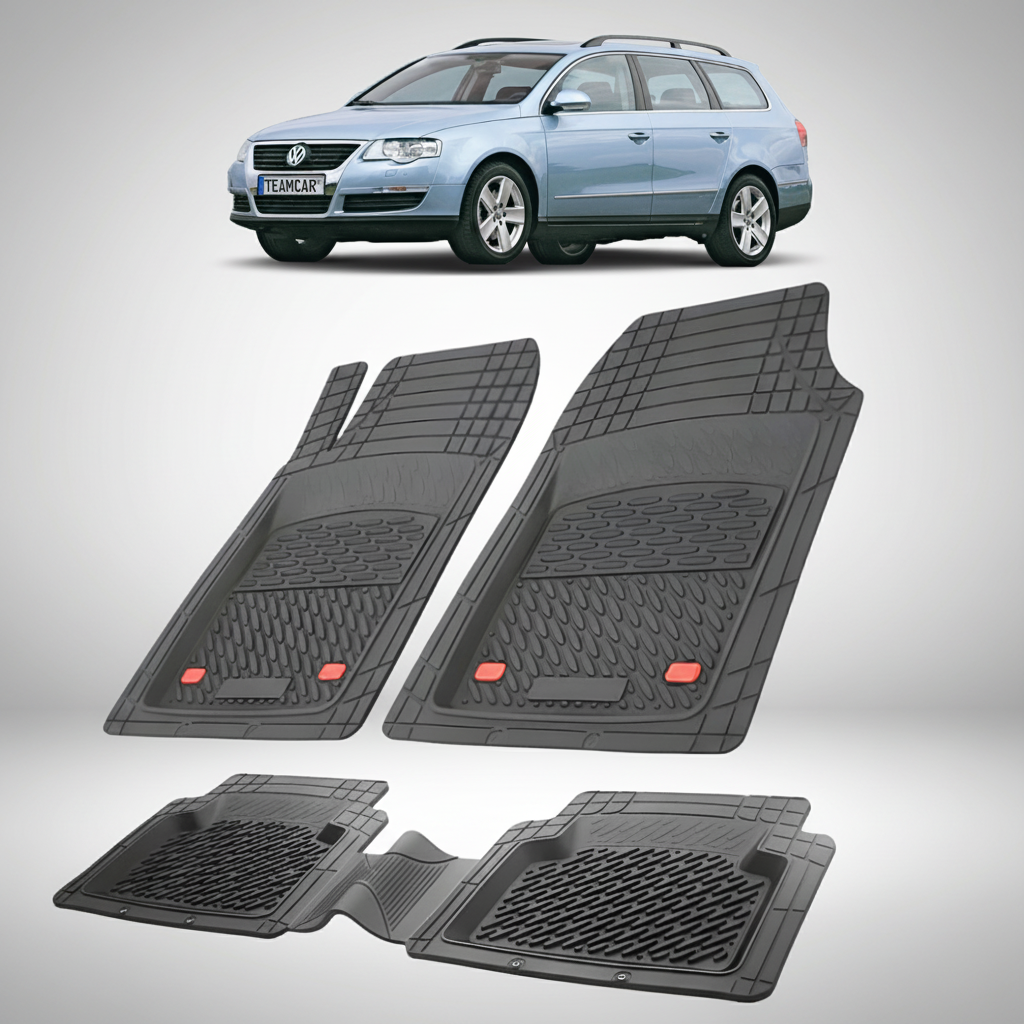 set de covorase din cauciuc negre cu un Volkswagen passat b6 variant break albastru in fundal