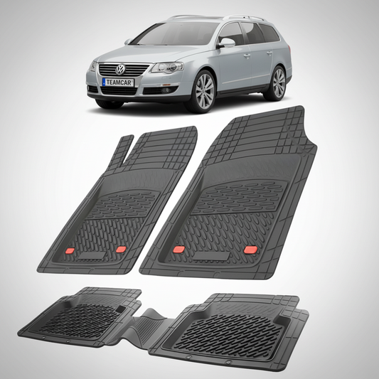 set de covorase din cauciuc negre cu un volkswagen passat b6 variant gri in fundal