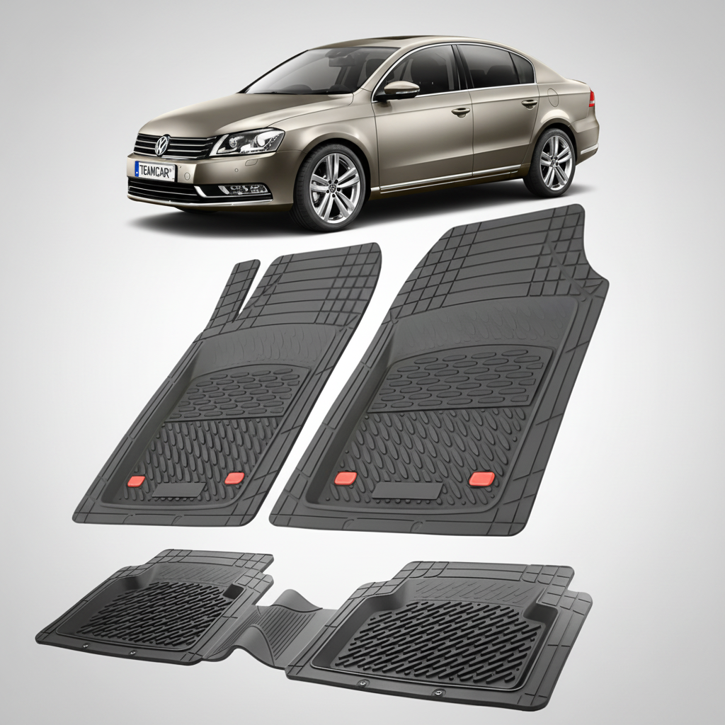 set de covorase din cauciuc negre cu un Volkswagen passat b7 sedan gri metalizat in fundal