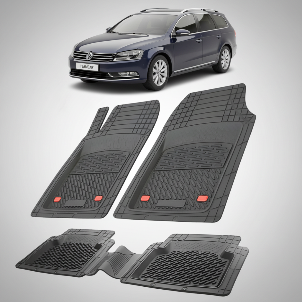 set de covorase din cauciuc negre cu un volkswagen passat b7 variant negru in fundal