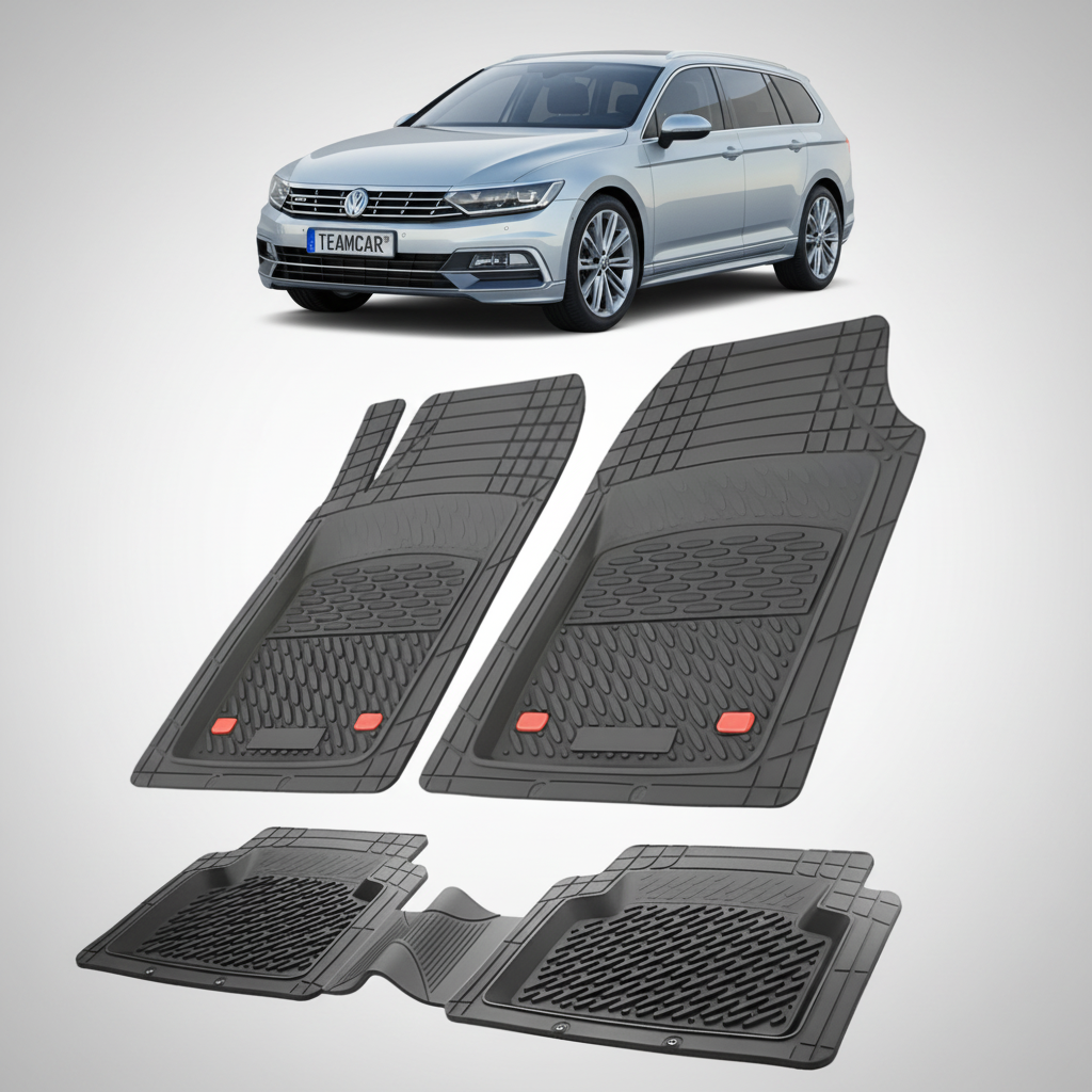 set de covorase din cauciuc negre cu un volkswagen passat b8 combi gri metalizat in fundal