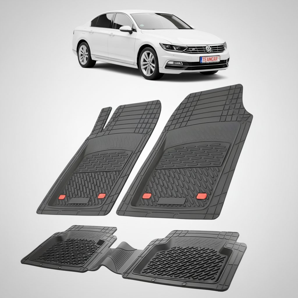 set de covorase din cauciuc negre cu un volkswagen passat b8 sedan alb in fundal