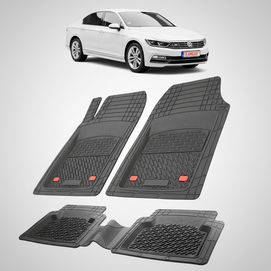 set de covorase din cauciuc negre cu un volkswagen passat b8 sedan alb in fundal