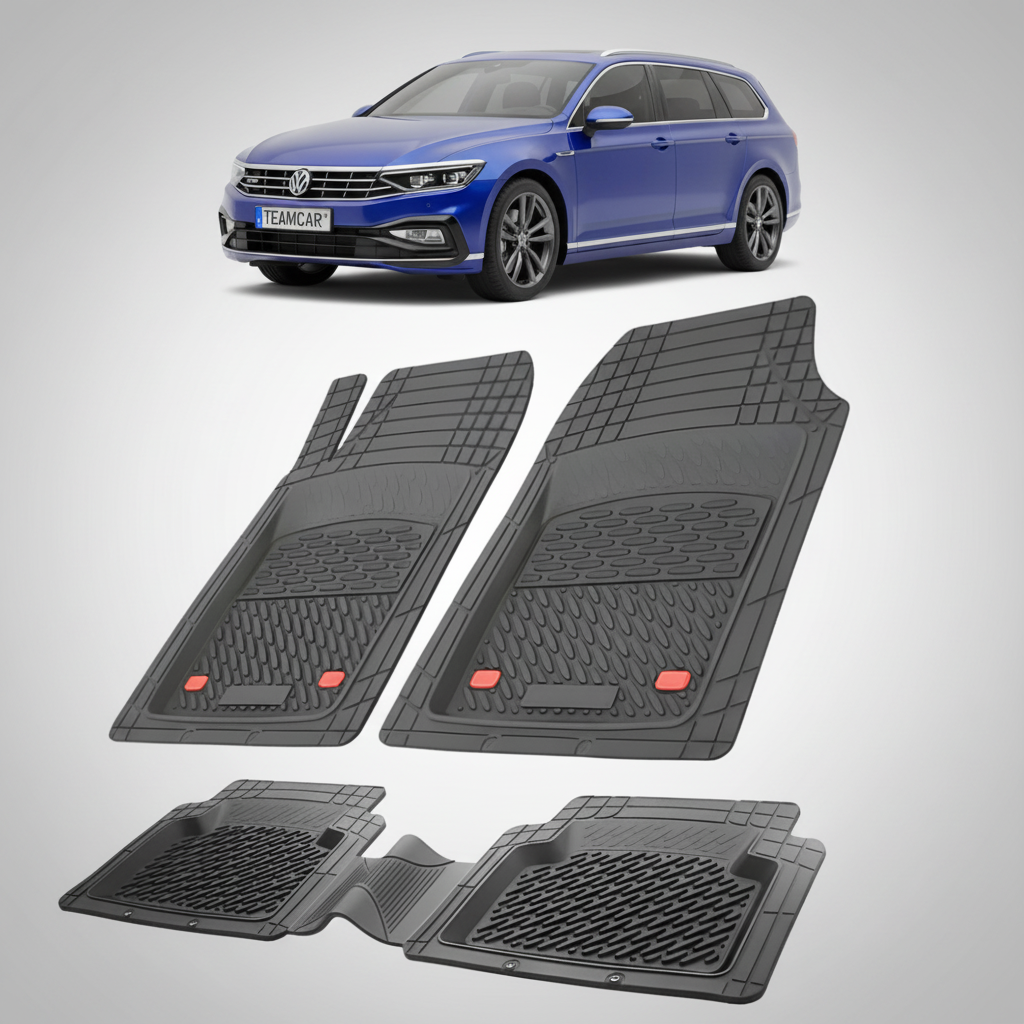 set de covorase din cauciuc negre cu un volkswagen passat b8 variant break albastru in fundal