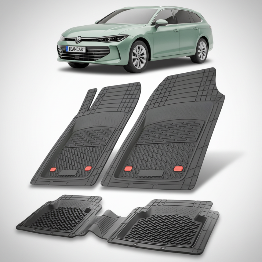 set de covorase din cauciuc negre cu un volkswagen passat b9 variant break verde metalizat in fundal