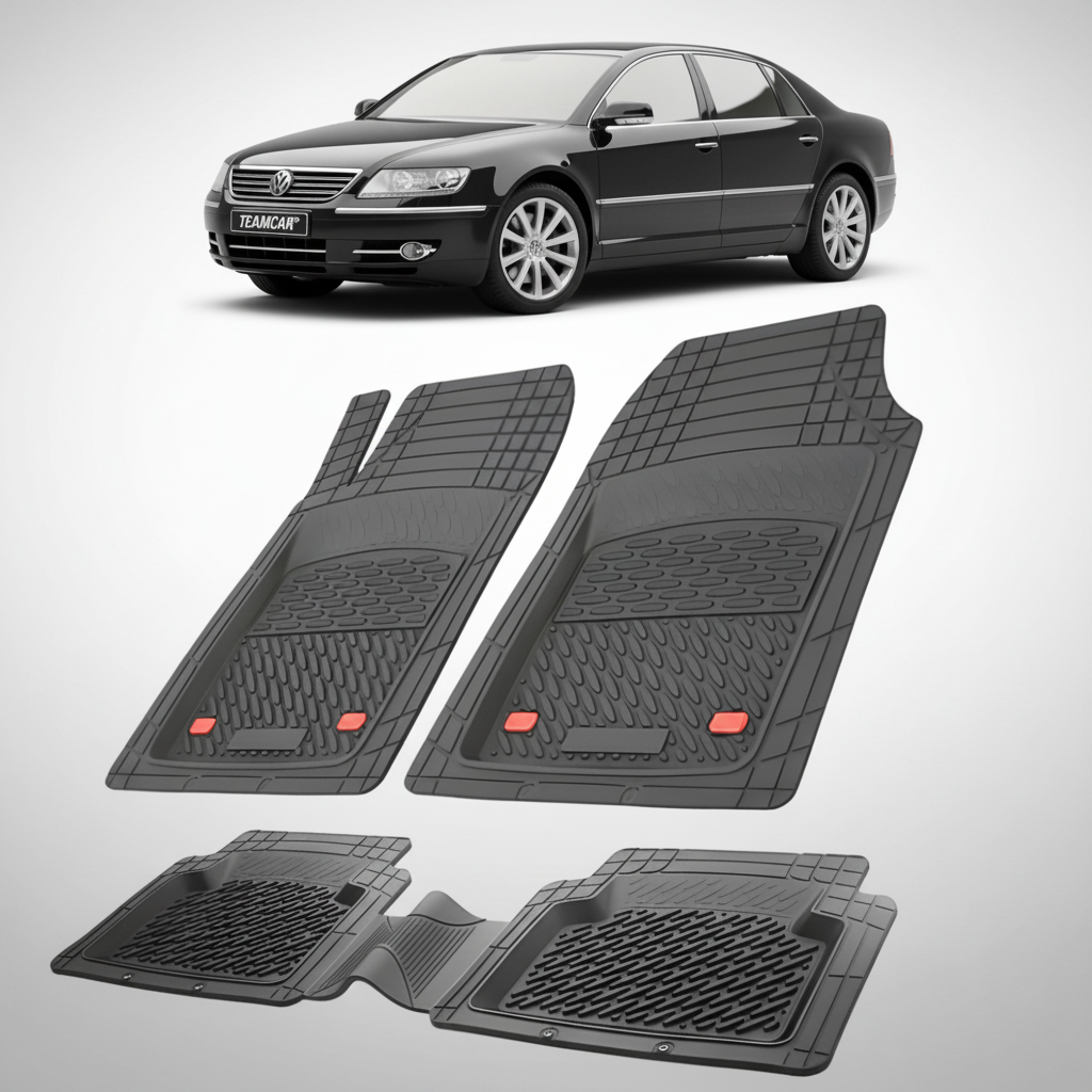 set de covorase din cauciuc negre cu un volkswagen phaeton negru in fundal