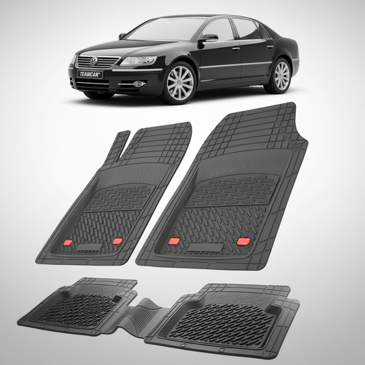 set de covorase din cauciuc negre cu un volkswagen phaeton negru in fundal