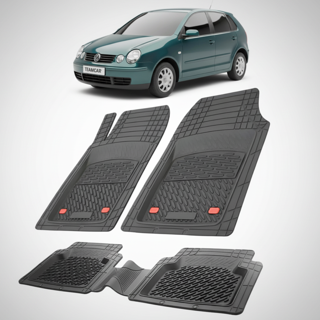 set de covorase din cauciuc negre cu un volkswagen polo 4 hatchback verde inchis in fundal