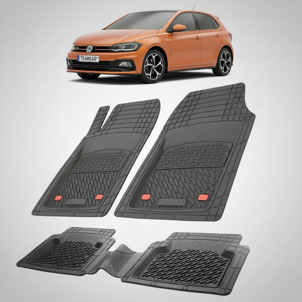 set de covorase din cauciuc negre cu un volkswagen polo 6 hatchback maro in fundal