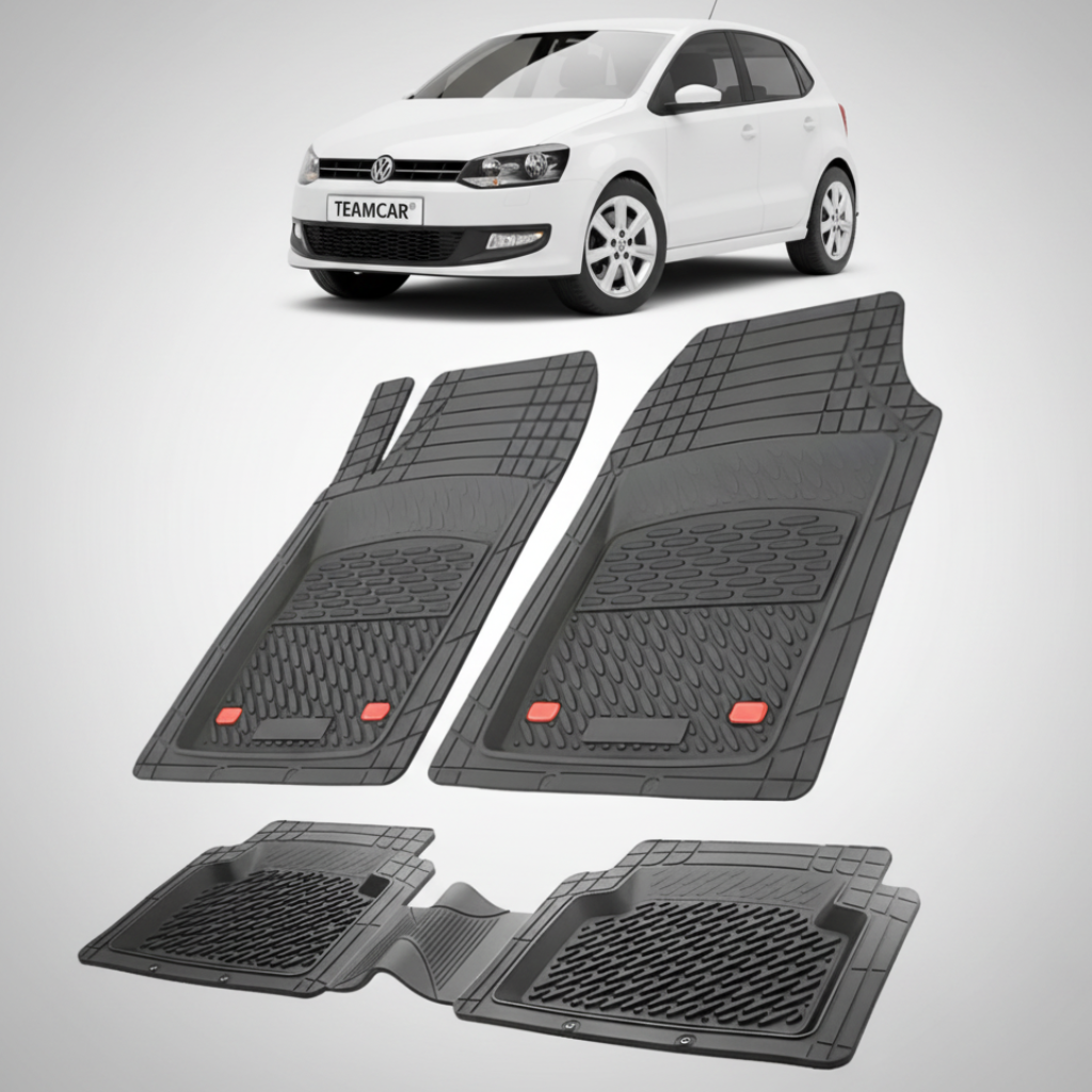 set de covorase din cauciuc negre cu un volkswagen polo mk5 6r 6c hatchback 5 usi alb in fundal