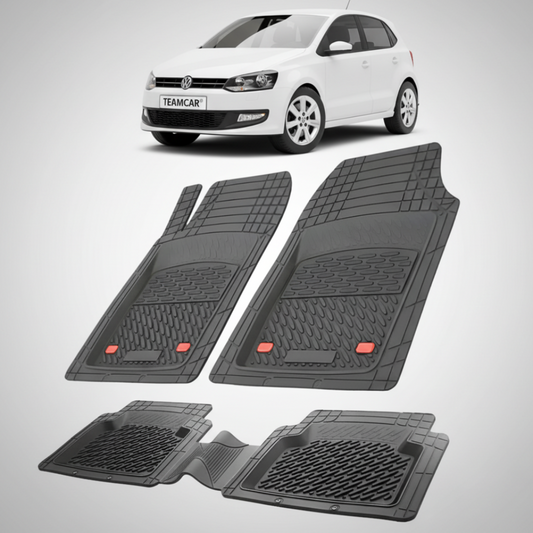 set de covorase din cauciuc negre cu un volkswagen polo mk5 6r 6c hatchback 5 usi alb in fundal