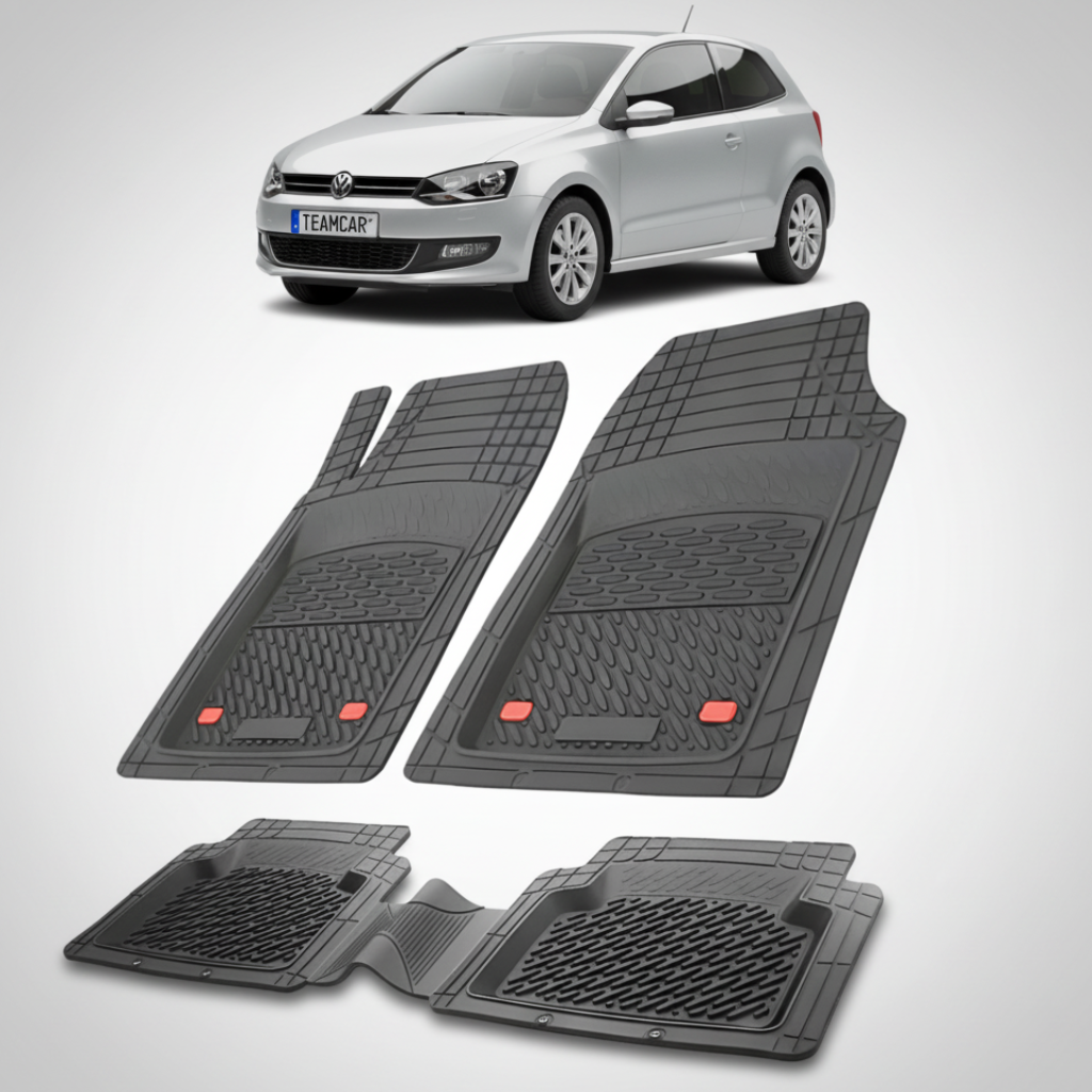 set de covorase din cauciuc negre cu un volkswagen polo mk5 6r6c hatchback 3 usi argintiu in fundal