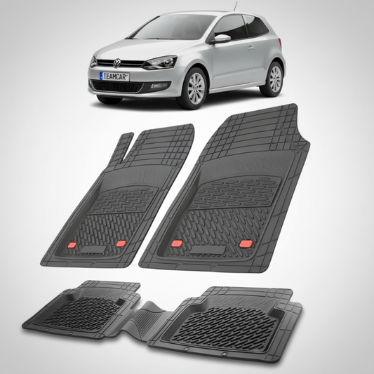 set de covorase din cauciuc negre cu un volkswagen polo mk5 6r6c hatchback 3 usi argintiu in fundal