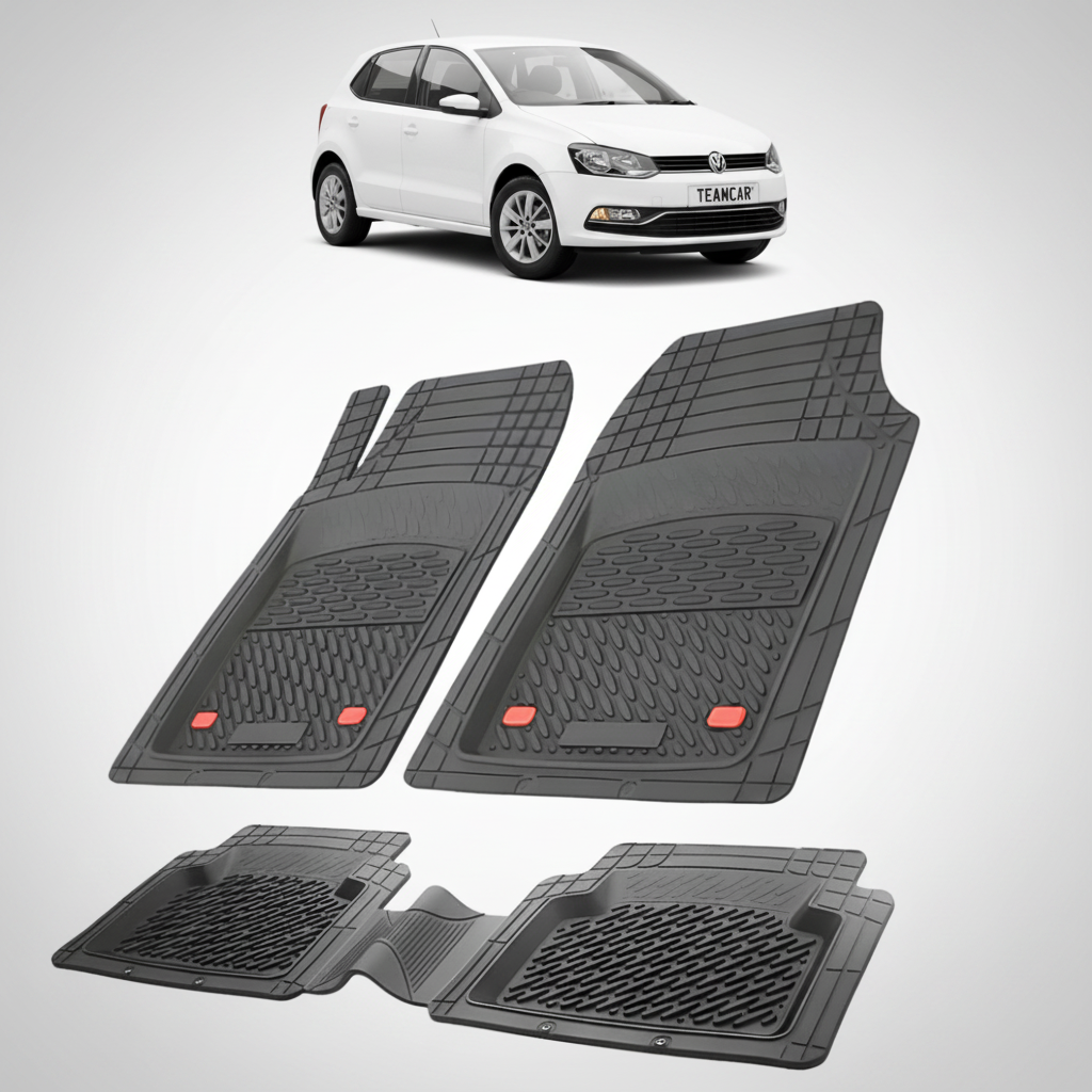 set de covorase din cauciuc negre cu un volkswagen polo v hatchback alb in fundal