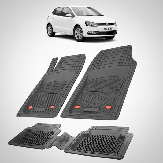 set de covorase din cauciuc negre cu un volkswagen polo v hatchback alb in fundal