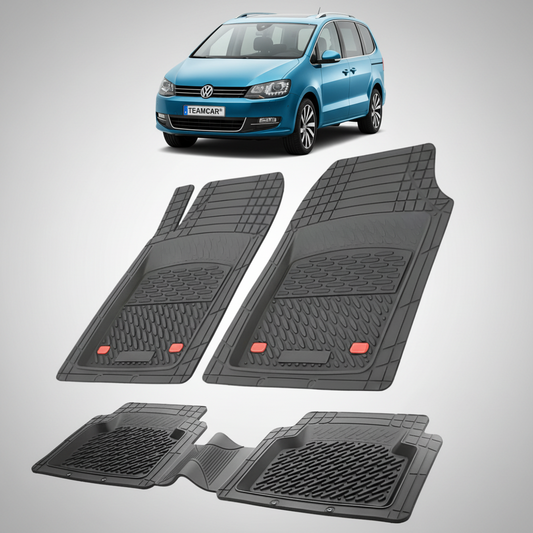 set de covorase din cauciuc negre cu un Volkswagen sharan 7n mpv albastru deschis in fundal