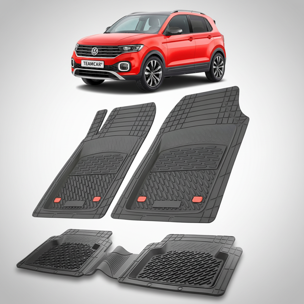 set de covorase din cauciuc negre cu un volkswagen t-cross c11 rosu in fundal