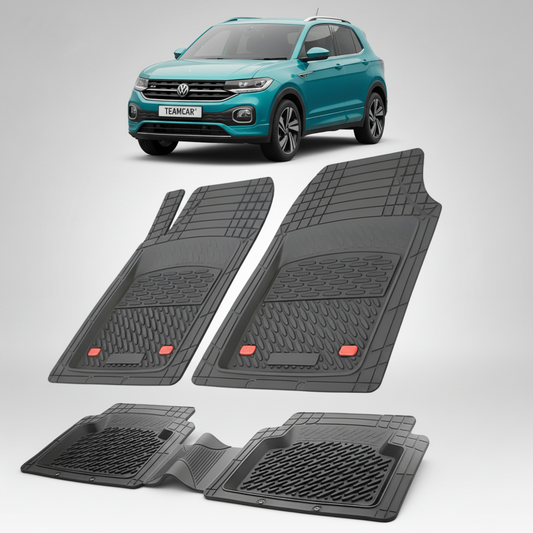 set de covorase din cauciuc negre cu un volkswagen t-cross i albastru in fundal