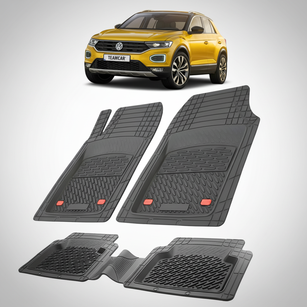 set de covorase din cauciuc negre cu un volkswagen t-roc a11 suv auriu in fundal