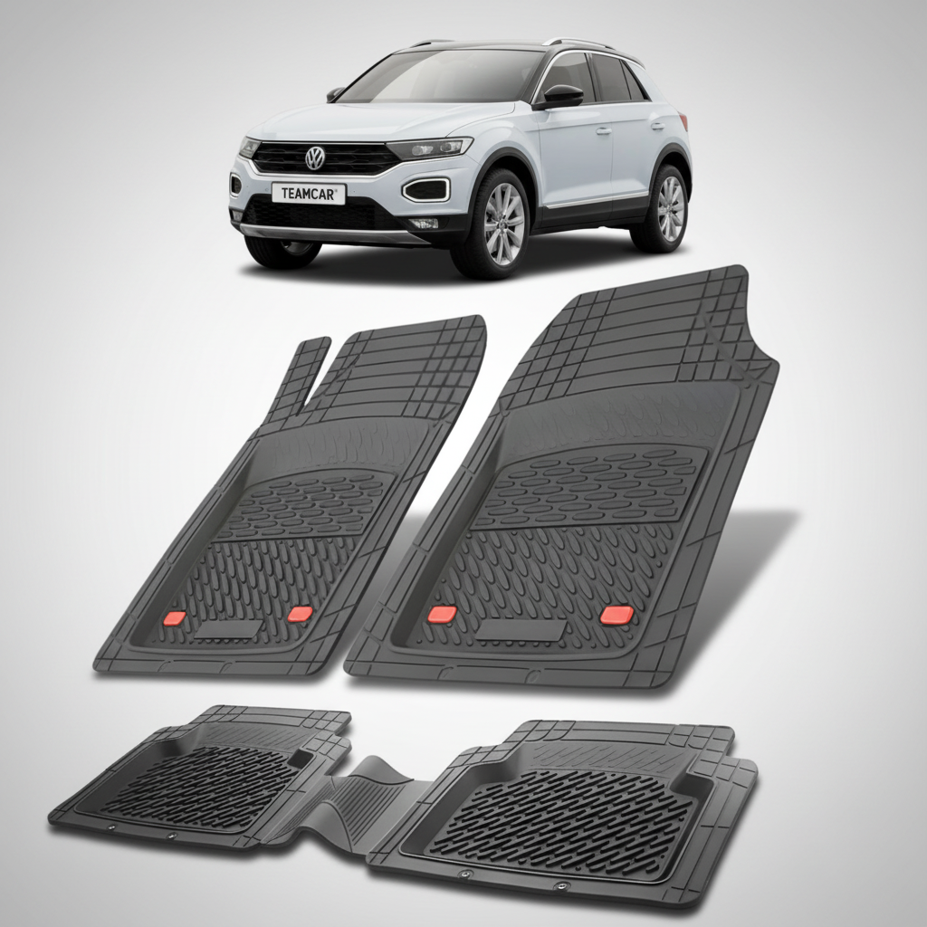 set de covorase din cauciuc negre cu un volkswagen t-roc I alb in fundal